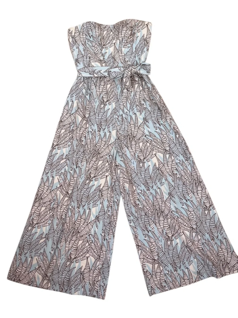 H&M Bandeau Belted Jumpsuit Size 4  Wide Leg Crop Spring Light Blue Leaf Print - Picture 3 of 14